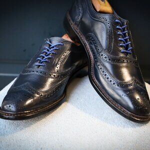 Allen Edmonds Navy Leather Wingtip Oxfords with Blue Laces